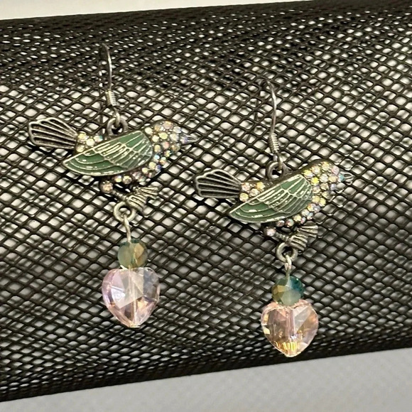 Handmade Green & Crystal Birds w/ Pink Glass Heart Dangle Earrings - Picture 3 of 4